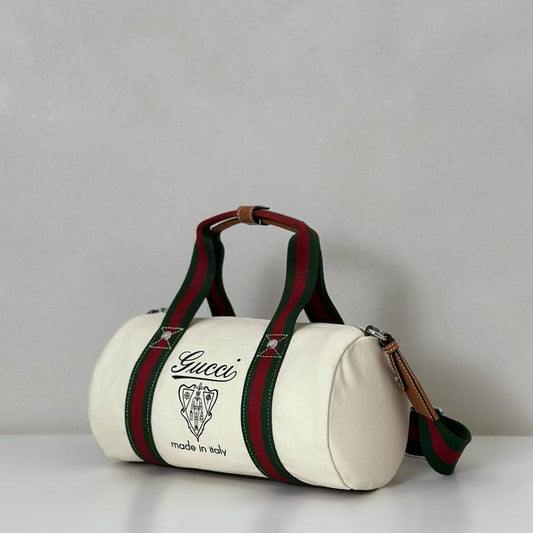 Gucci Cream Canvas Duffle Bag - Red & Green Web Stripe