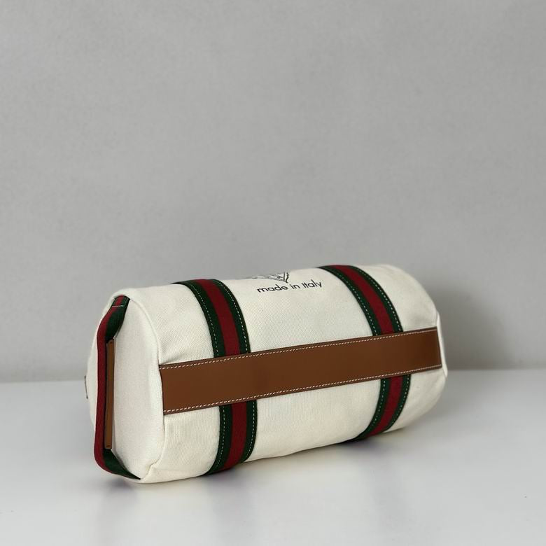 Gucci Cream Canvas Duffle Bag - Red & Green Web Stripe