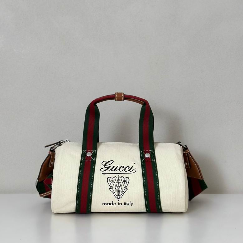 Gucci Cream Canvas Duffle Bag - Red & Green Web Stripe
