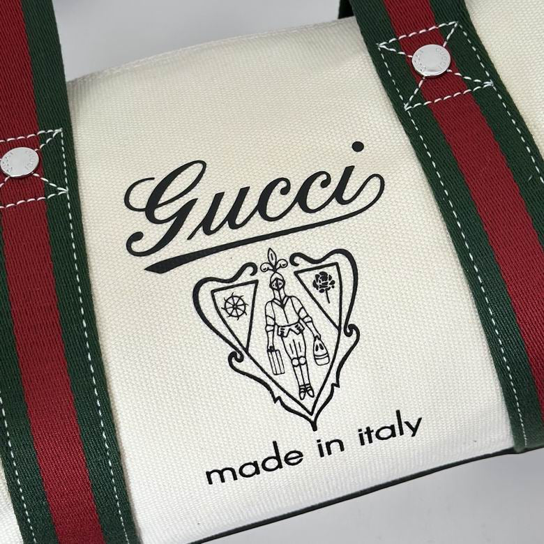 Gucci Cream Canvas Duffle Bag - Red & Green Web Stripe